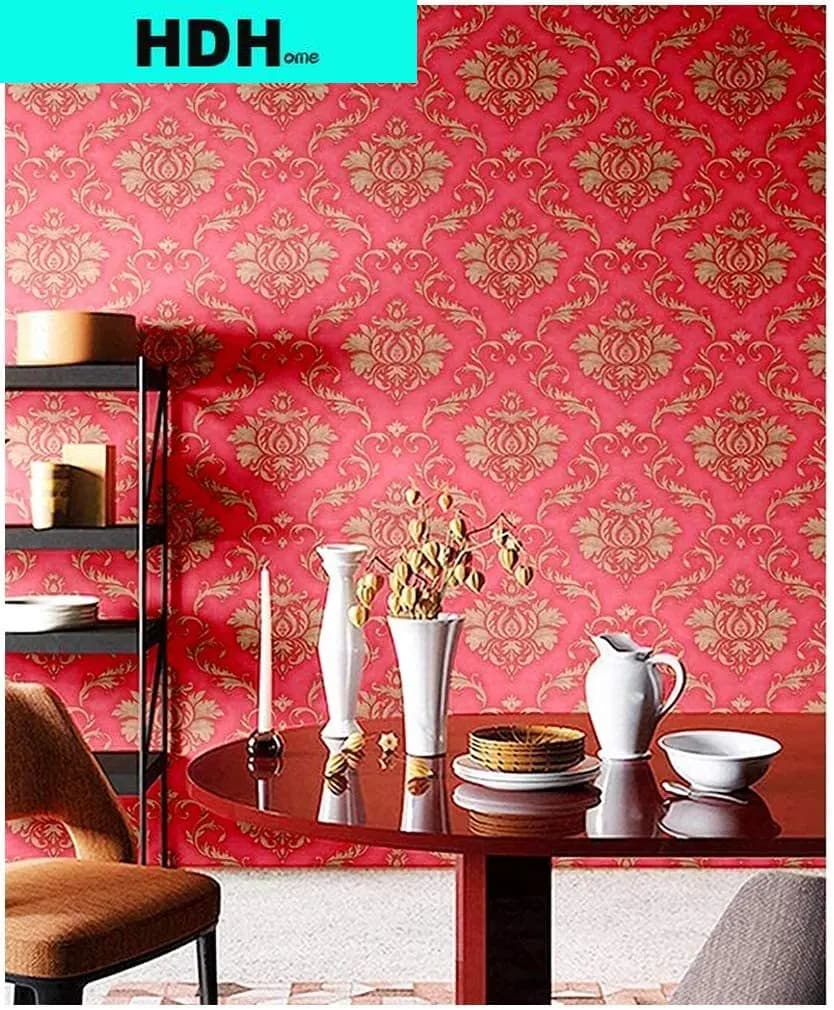 HDHome-Papier peint auto-adhésif en PVC pour décoration murale, rouge et or, motif damassé, imperméable, enlèvement de vinyle, papier de contact décoratif