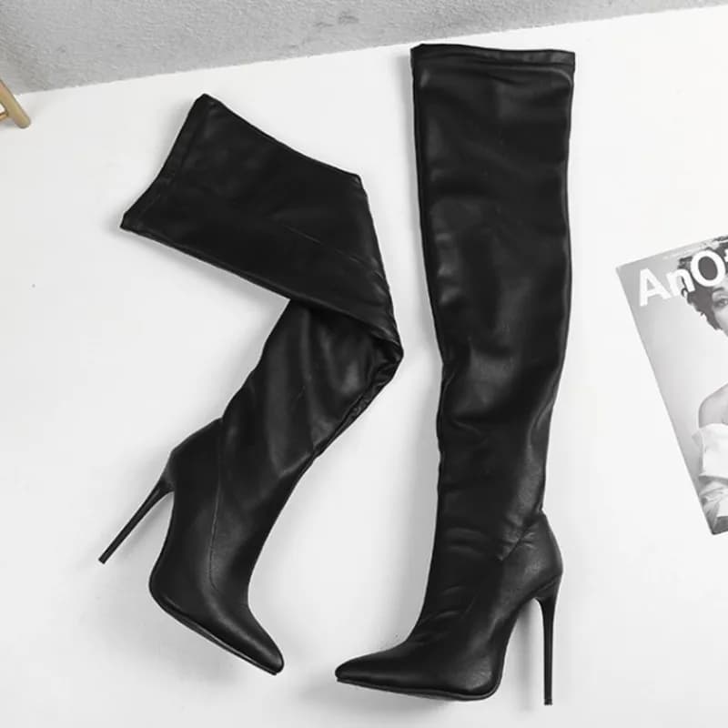 Cuissardes en cuir noir pour femmes, chaussures sexy à talons fins, bottes au-dessus du genou pour dames, Parker pointu, nouvelle mode, haute qualité