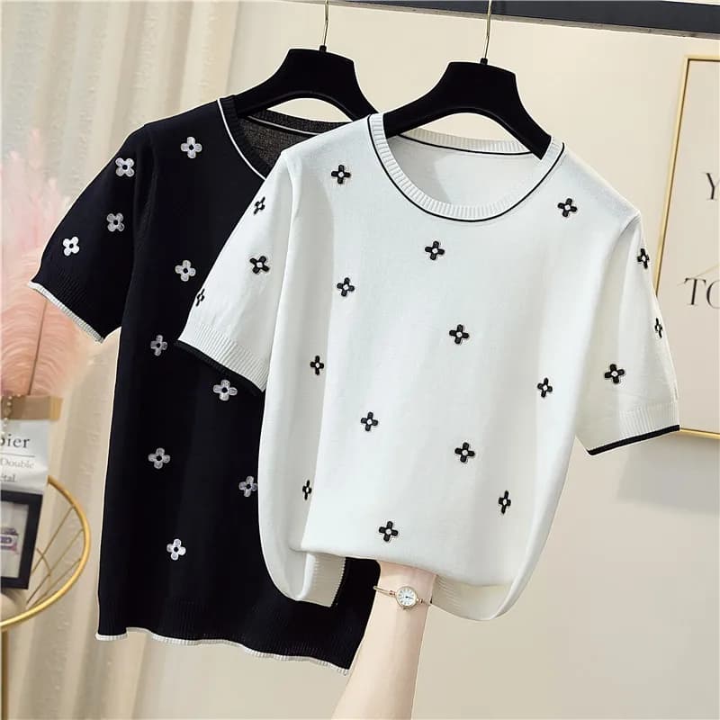 T-shirt manches courtes col rond femme, décontracté, en coton, avec fleurs, été 2024