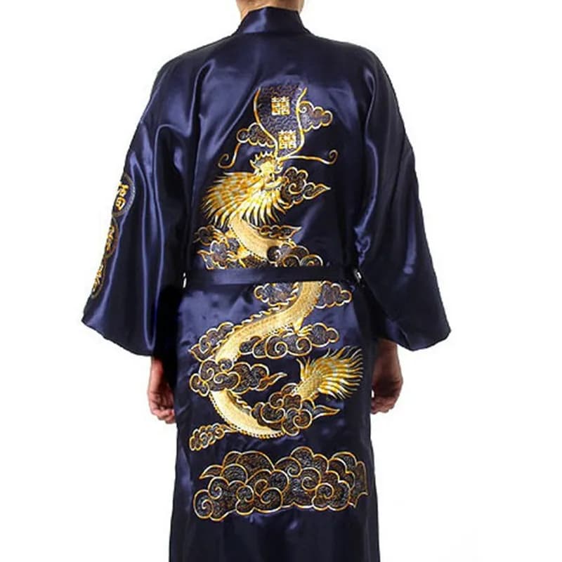 Kimono Chinois en Satin Bleu Marine pour Homme, Robe de Bain Brodée Dragon, Taille S M L XL média XXXL