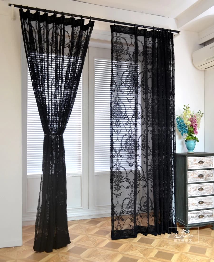 Rideaux Transparents Noirs Solides Européens pour Chambre et Salon, Rideaux en Dentelle Noire Premium, Tissus de Fond pour Décoration Intérieure