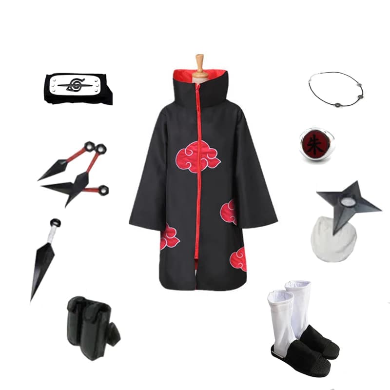 Brdwn-Akatsuki Itachi Costume Cosplay Unisexe Trempé, Nuage Rouge Everak, Bande de Sauna, Chaussures, Bague, Kunai, Sac, Shuriken, Collier