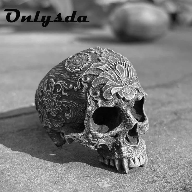 Bague Unique en acier inoxydable 316L pour hommes, couleur argent, crâne de sucre lourd, fleur de Mandala, bijoux de motard Santa Muerte