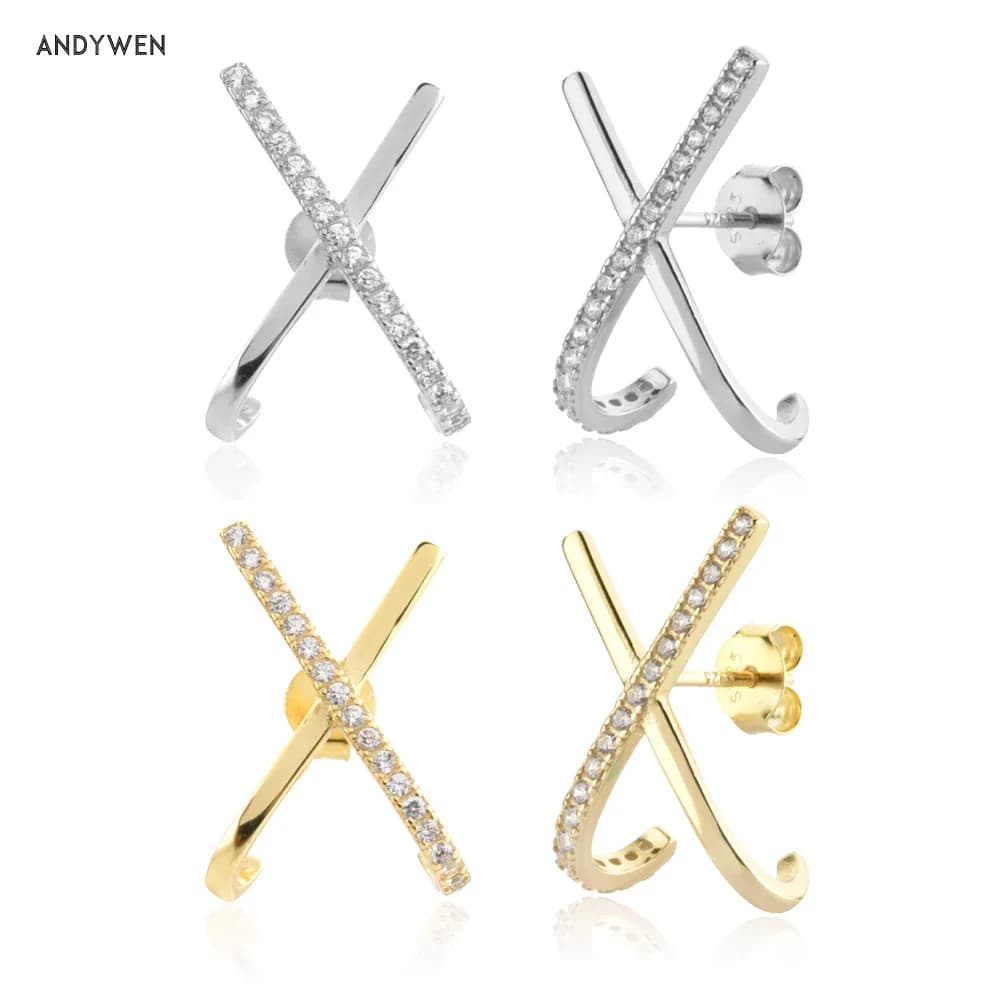 ANDYWEN-Boucles d'oreilles en argent regardé 925 avec croix en or 2021, clips de piercing, bijoux de luxe, grands bijoux en cristal