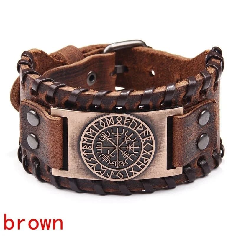 Bracelet boussole rétro en cuir pour homme, large, celtique, viking, bijoux, accessoires masculins, cadeaux pour petit ami, 7,5