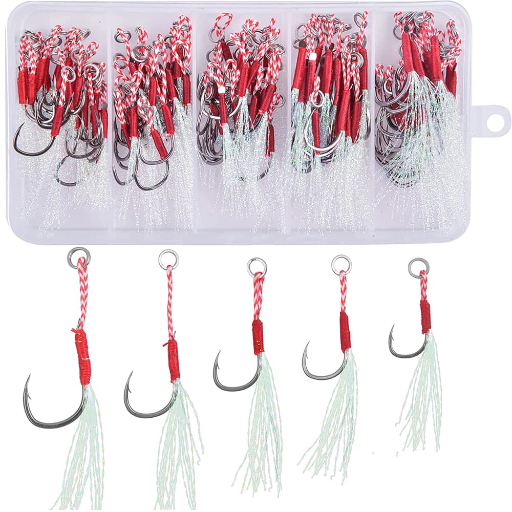 100 pièces/boîte, hameçons d'assistance pour jig, leurre pour jigging lent, hameçons de pêche au bar, hameçons à ardillon, hameçons à nouer, hameçons de pêche à la plume, hameçons de pêche en mer