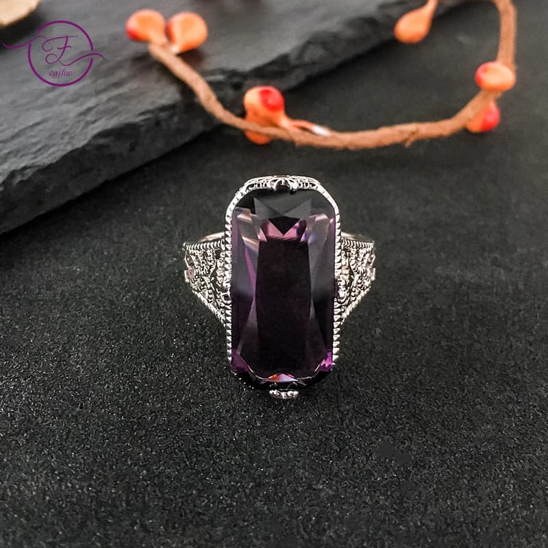 Bague en argent améthyste pour femmes, 10x20mm, carré, cristal creux, fleurs sculptées, mode exagérée, bijoux de fête Cocktail