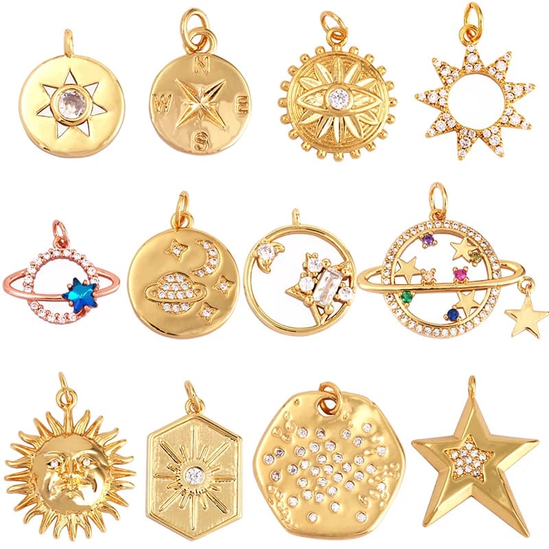 Pendentif à breloque boussole céleste, couleur or, collier bijoux, bracelet, fournitures de direction, soleil, lune, étoile, espace, L93