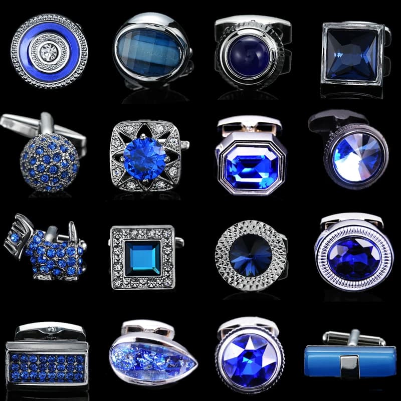 Boutons de manchette en laiton incrusté à la main, de haute qualité, en cristal bleu, zircon, style classique, bijoux cadeaux pour hommes, nouvelle collection été