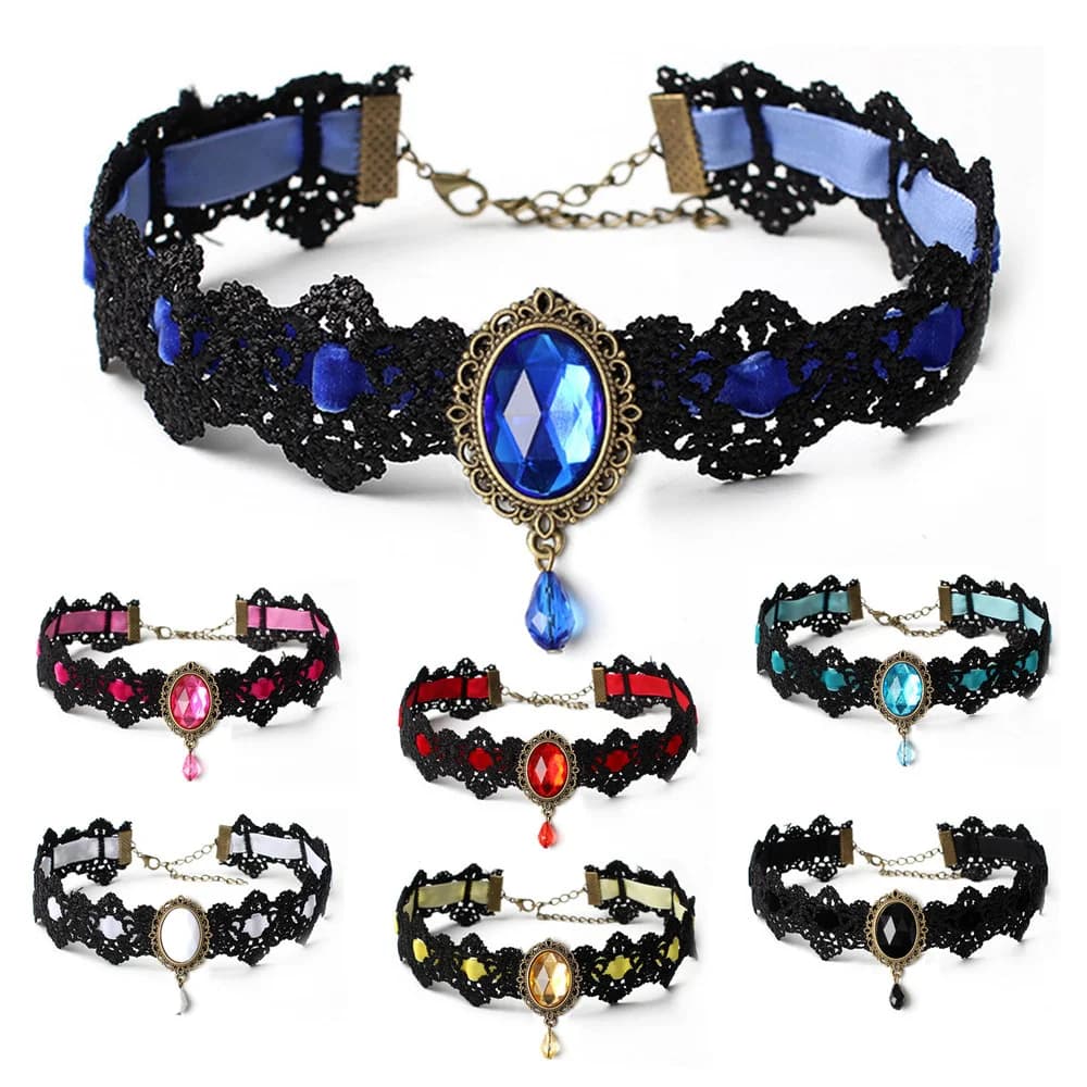 Collier ras du cou Vintage en dentelle noire pour femmes, style bohémien, pompon, chaîne de clavicule, gothique, Punk, cristal, bijoux, accessoires de fête