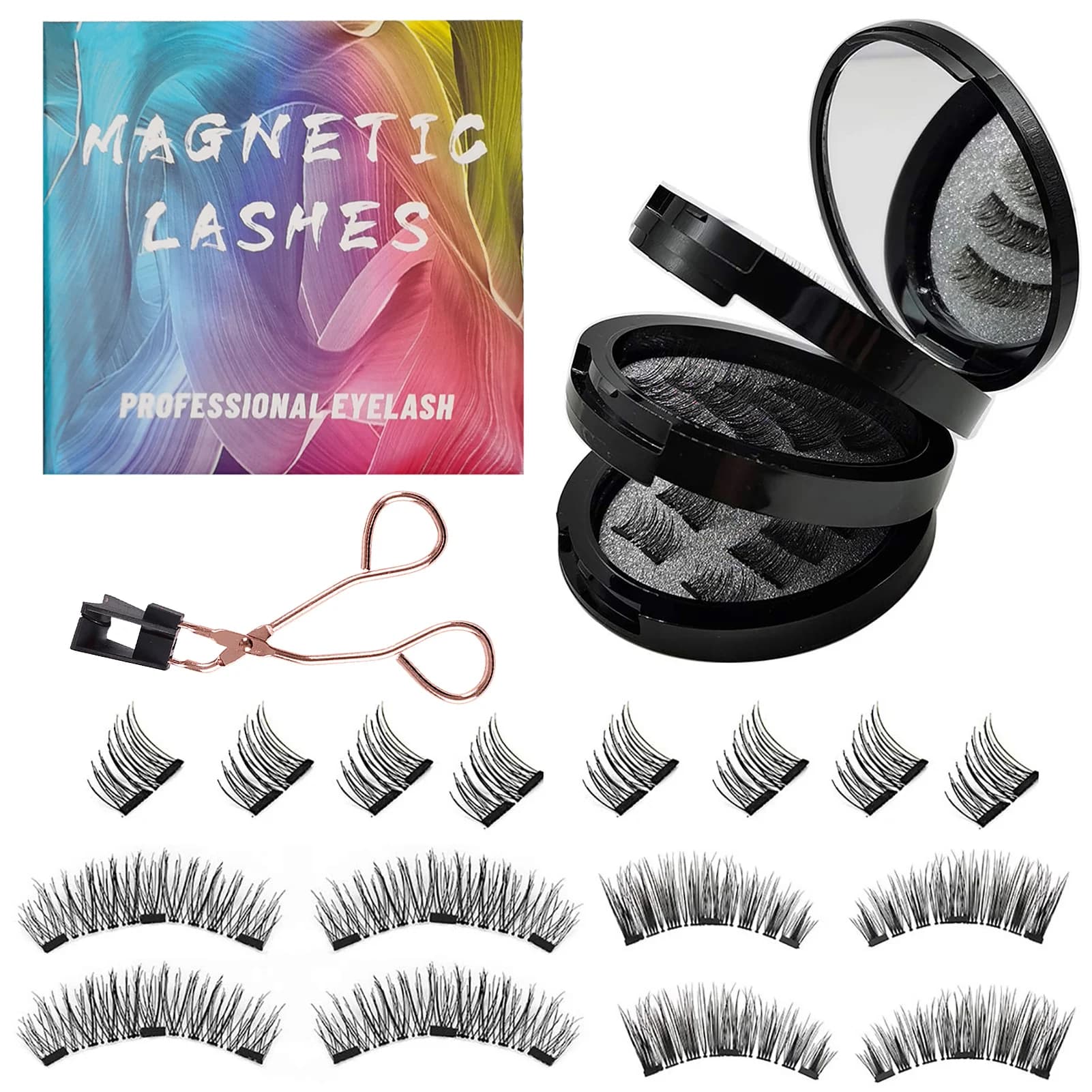 Ensemble de 3 paires de faux-cils magnétiques 3D réutilisables, longue durée, en vison, naturels, avec pincettes
