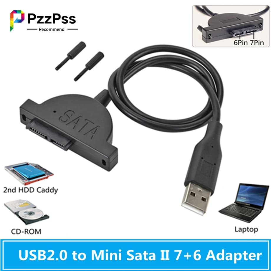 Adaptateur USB 2.0 vers Mini SATA II 7+6 13 broches pour lecteur CD/DVD ROM Slimline d'ordinateur portable, câble convertisseur avec vis, style robuste, 1 pièce