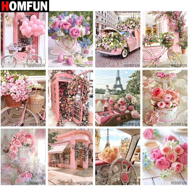 HOMFUN – peinture diamant thème "Rose fleur tour de voiture", broderie complète 5D, perles carrées ou rondes, points de croix, à faire soi-même