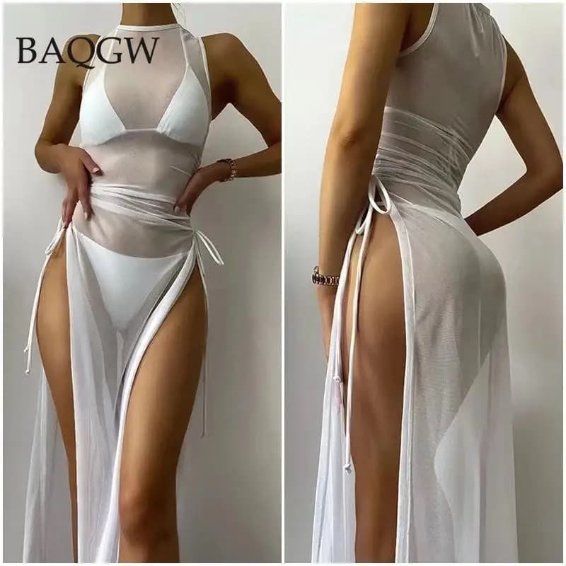 Ensemble 3 pièces noir col roulé, Transparent, Cover-Up pour les femmes, Bikini, soutien-gorge à lacets, col licou, costume de bain