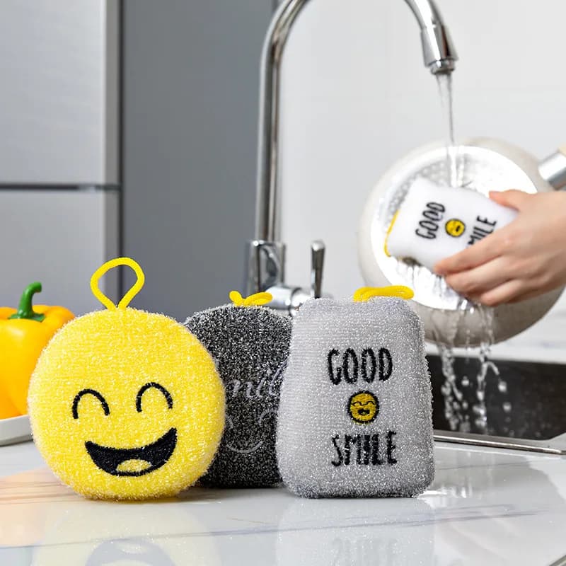Éponges à récurer Double Face Smiley Face, 4 pièces, dessin animé, tampons à récurer, pour la cuisine, pour le lavage des pots et des bols