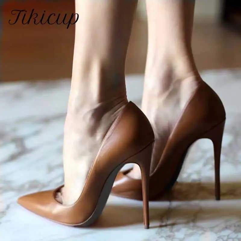 Tikicup solide kaki marron mat femmes bout pointu talons aiguilles sans lacet OL chaussures habillées élégantes dames pompes formelles