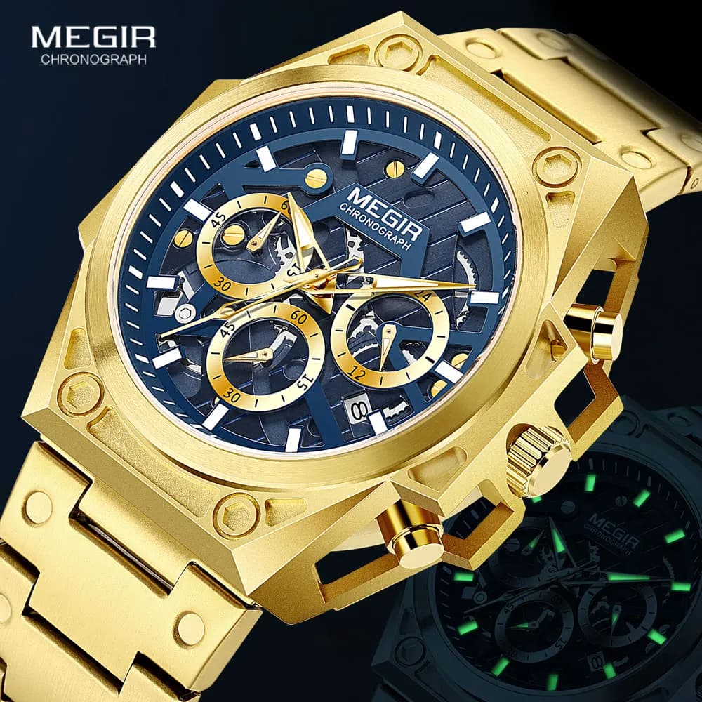 Montre MEGIR dorée pour homme, montre-bracelet chronographe en acier inoxydable, montre de luxe à quartz luminescente pour homme, Relogio Masculino, Часы, Reloj