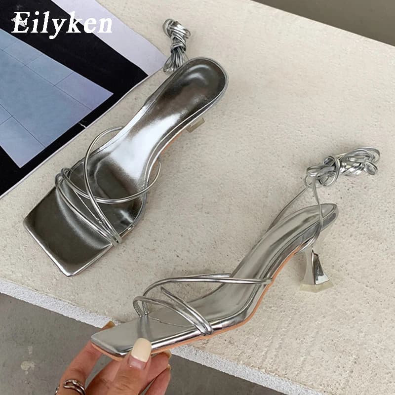 Eilyken été mode argent bande étroite femmes sandales bout carré gladiateur cheville à lacets décontracté mince talons bas chaussures