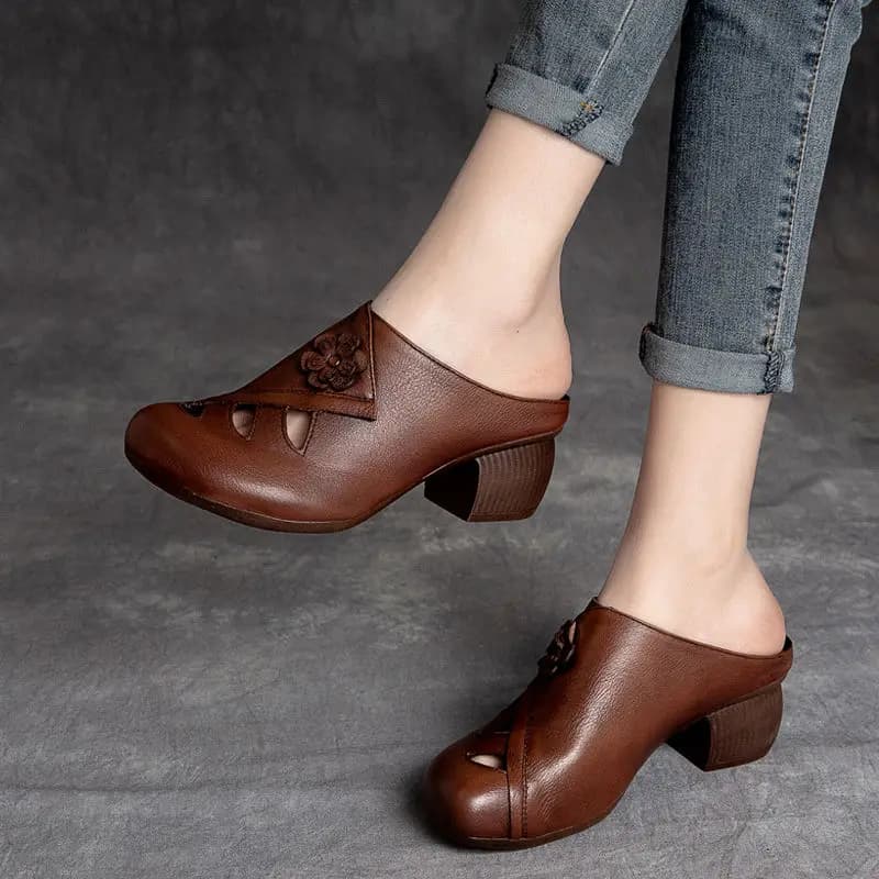 FHC – pantoufles de Style rétro faites à la main pour femmes, diapositives souples, chaussures d'été, diapositives à talons hauts à bout fermé, ajouré, noir, marron, livraison directe