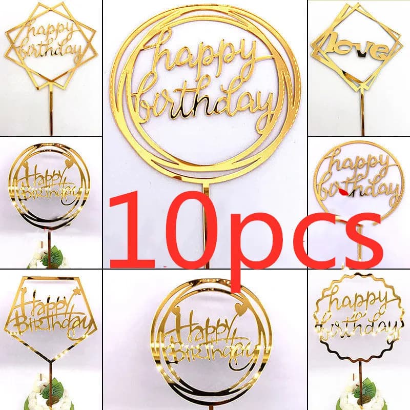 10 pièces, 36 styles, décorations de gâteau Joyeux Anniversaire, toppers de gâteau en acrylique rose et or, pour baby shower et fête d'anniversaire