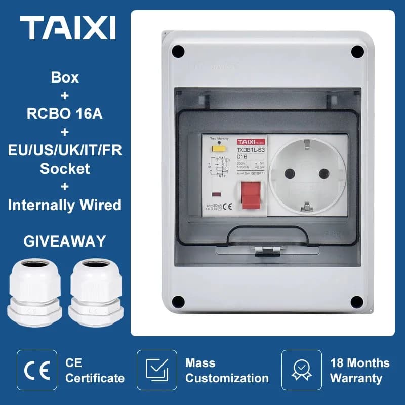 Boîtier de distribution électrique étanche extérieur, disjoncteur MCB RCBO, prise universelle, IP65, EU, AU, UK, IT, FR