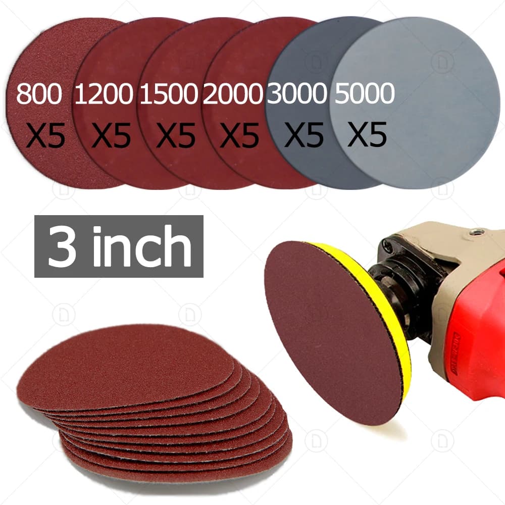 Disque de ponçage en papier de verre de 3 pouces 75mm, pour métal, restauration de roues de voiture en bois, Kit de ponçage et de polissage P800 P1200 P2000 P5000