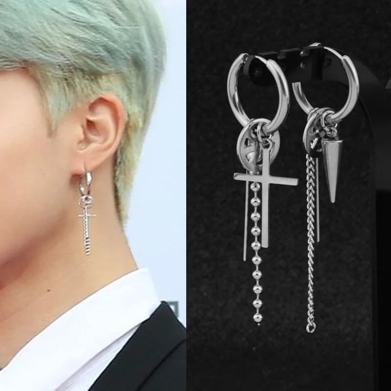 Boucles d'oreilles en acier inoxydable pour hommes, 1 pièce, Punk coréen, croix, longue chaîne, pompon, feuille, lune, Rock, Hip Hop, Piercing, bijoux