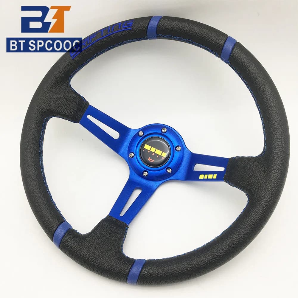 Volant de voiture de Sport universel, en PVC, en cuir, à la dérive, bleu, or, rouge, avec Logo MO, 14 pouces, 350MM