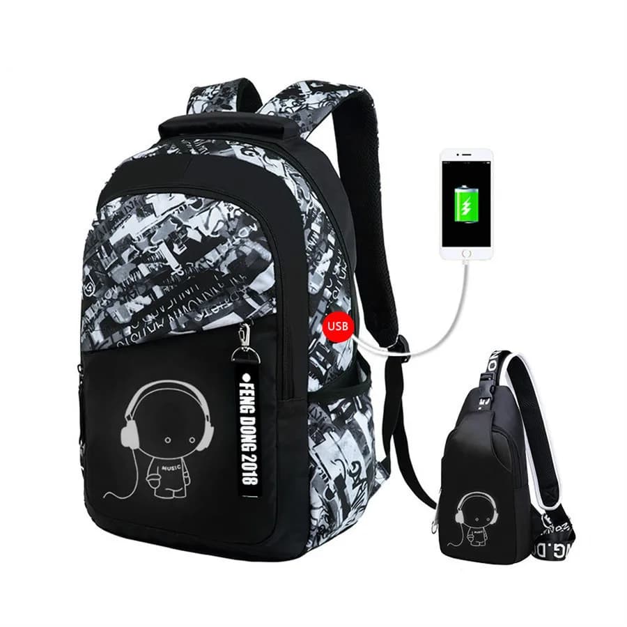 Sacs d'école lumineux, grand sac à dos imperméable pour adolescents, sac à dos scolaire lumineux pour garçons, ensemble de sacs de poitrine pour étudiants