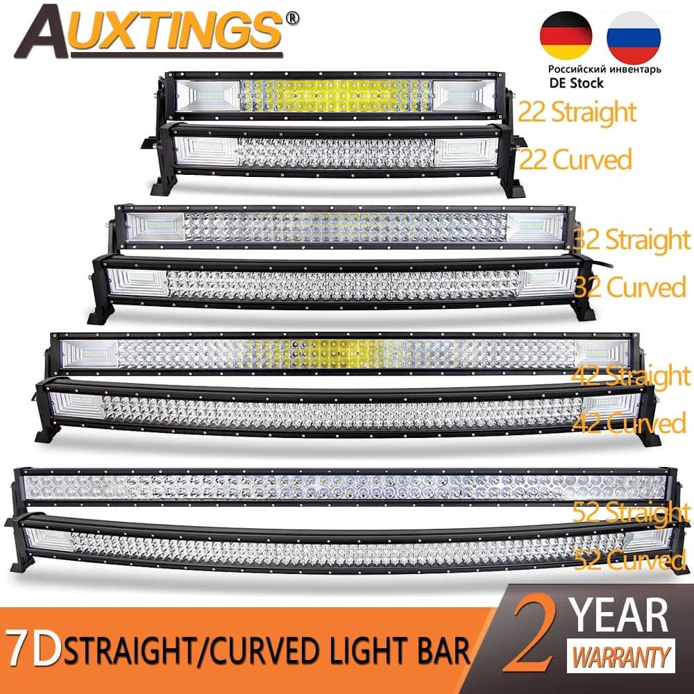 Auxtings 7D barre lumineuse LED droite/incurvée 22 "32" 42 "52 "lumière de travail Tri-rangée 4x4 camion ATV toit de voiture barre lumineuse de conduite tout-terrain