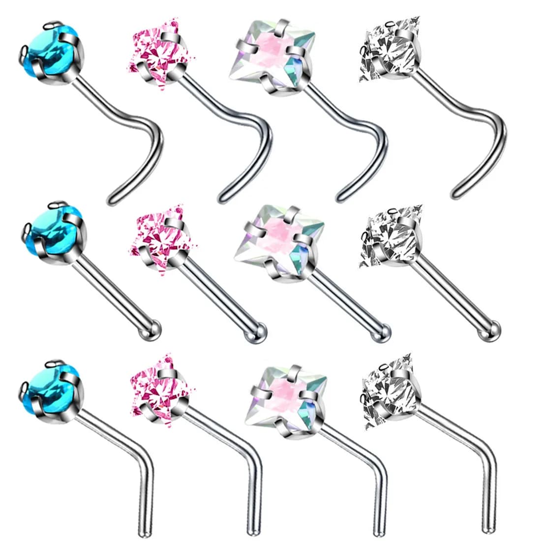 Ensemble de clous de nez en cristal en forme de L, en acier inoxydable, en zircon, pour le nez, en forme d'étoile, lot de 1/2 pièces