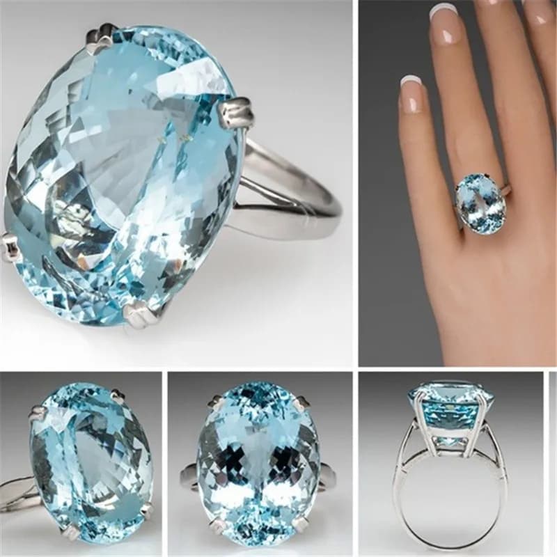 S925 couleur argent fiançailles oeuf diamant Bague mer bleu topaze De pierres précieuses Bizuteria Bague pour femmes Bague Etoile bijoux anneaux