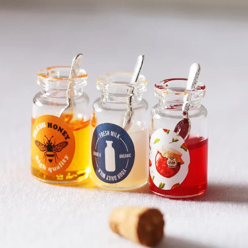 Bouteille de confiture de fruits miniatures 2 pièces/ensemble 1:12, miel d'abeille, nourriture de simulation pour maison de poupée, accessoires de jeu de cuisine, nouveau