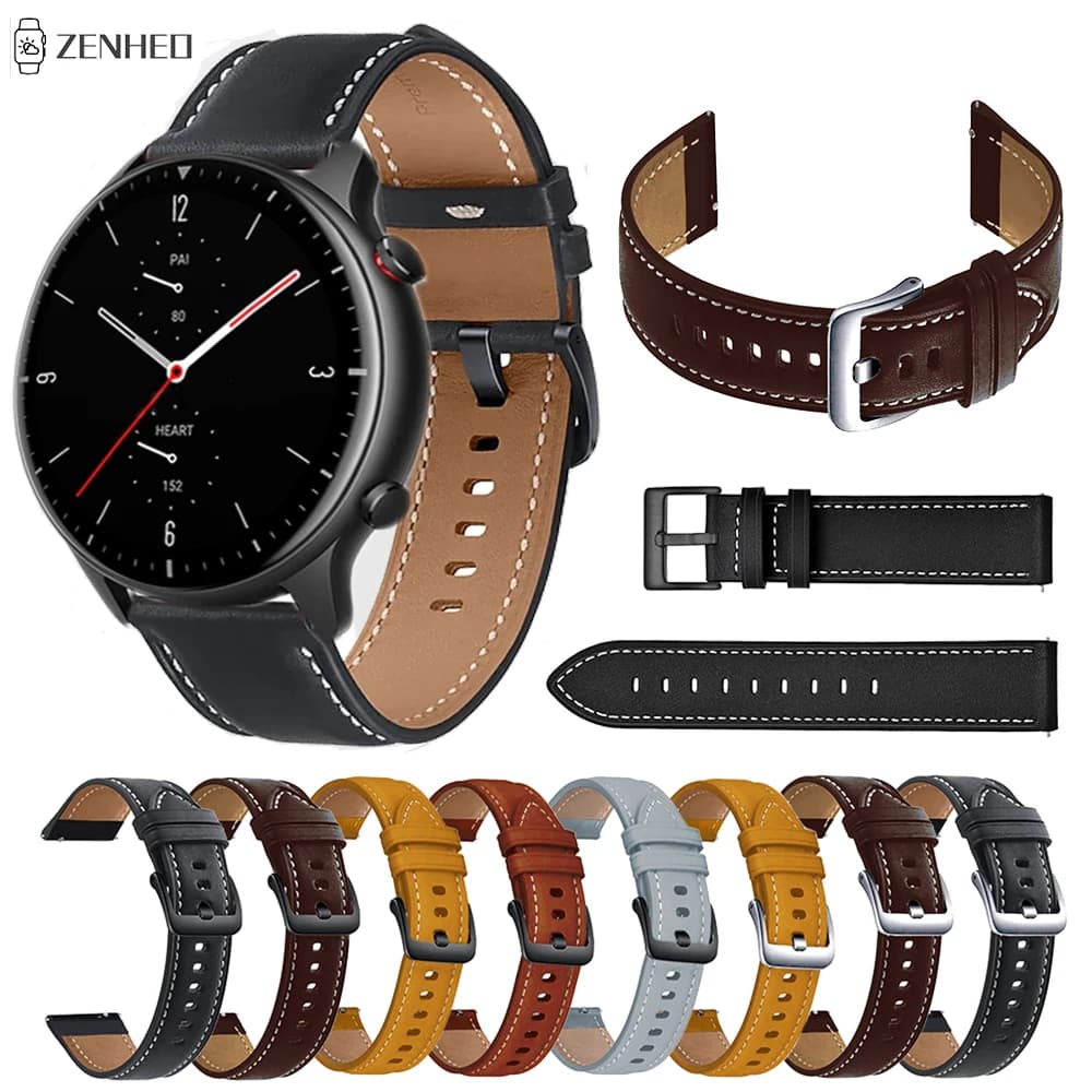 Bracelet de montre en cuir 22mm, pour montre intelligente Xiaomi Huami Amazfit GTR 4/3/2/2e/GTR 47mm/Pace Stratos 3 2 2S