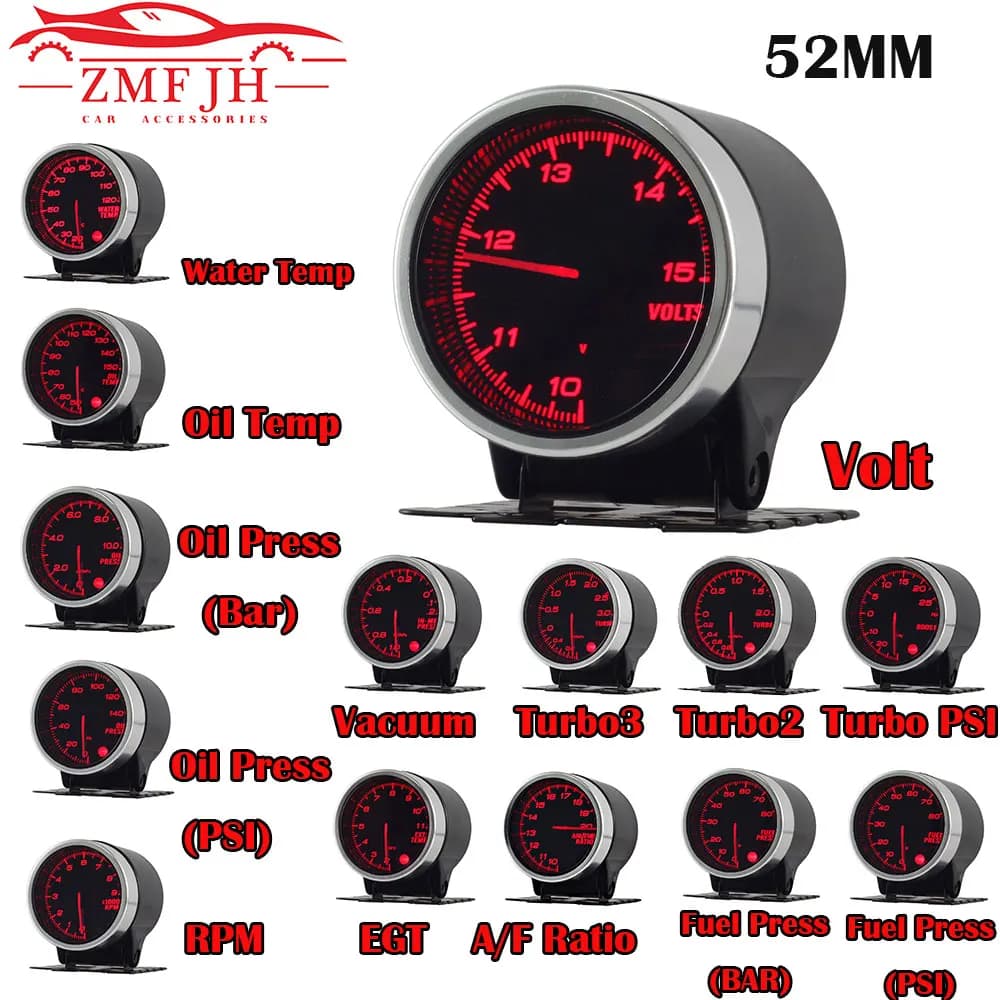 Compteur de température d'eau, de température d'huile, de pression d'huile, de régime moteur, de tachymètre, de pression de vide, de suralimentation et de température externe 52 mm avec capteurs