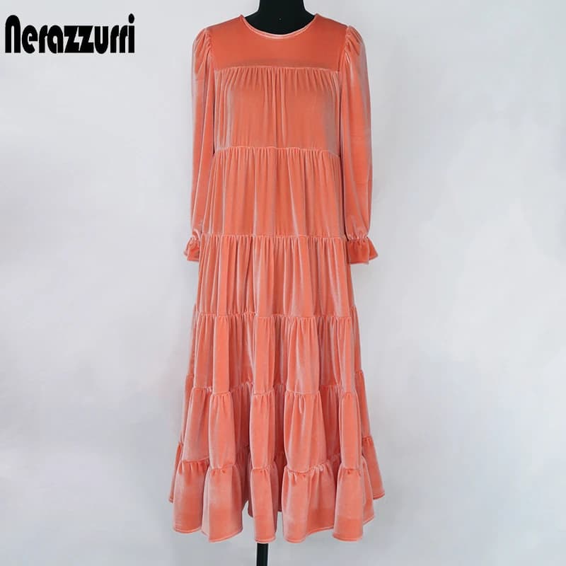 Nerazzurri – robe mi-longue plissée en velours pour femmes, manches bouffantes 3/4, robes longues noires et blanches pour femmes, vêtements surdimensionnés pour femmes, 2021
