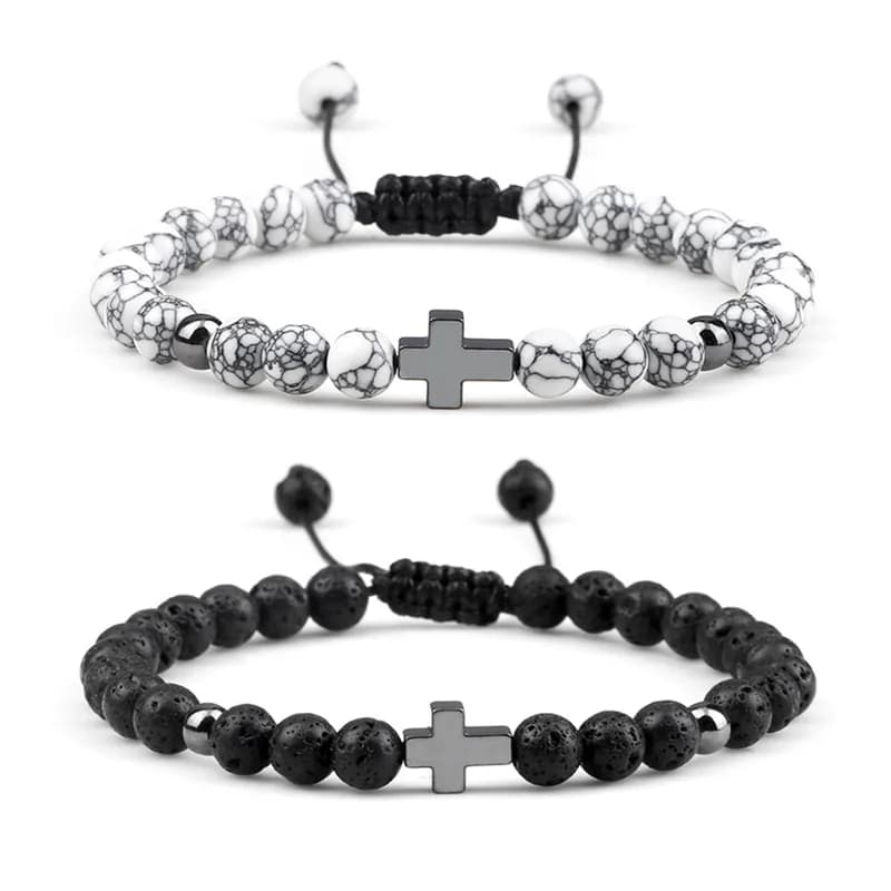 Bracelet perlé pour hommes et femmes, 6mm, pierre de lave naturelle, Bracelets croisés en alliage, corde tressée réglable, bijoux
