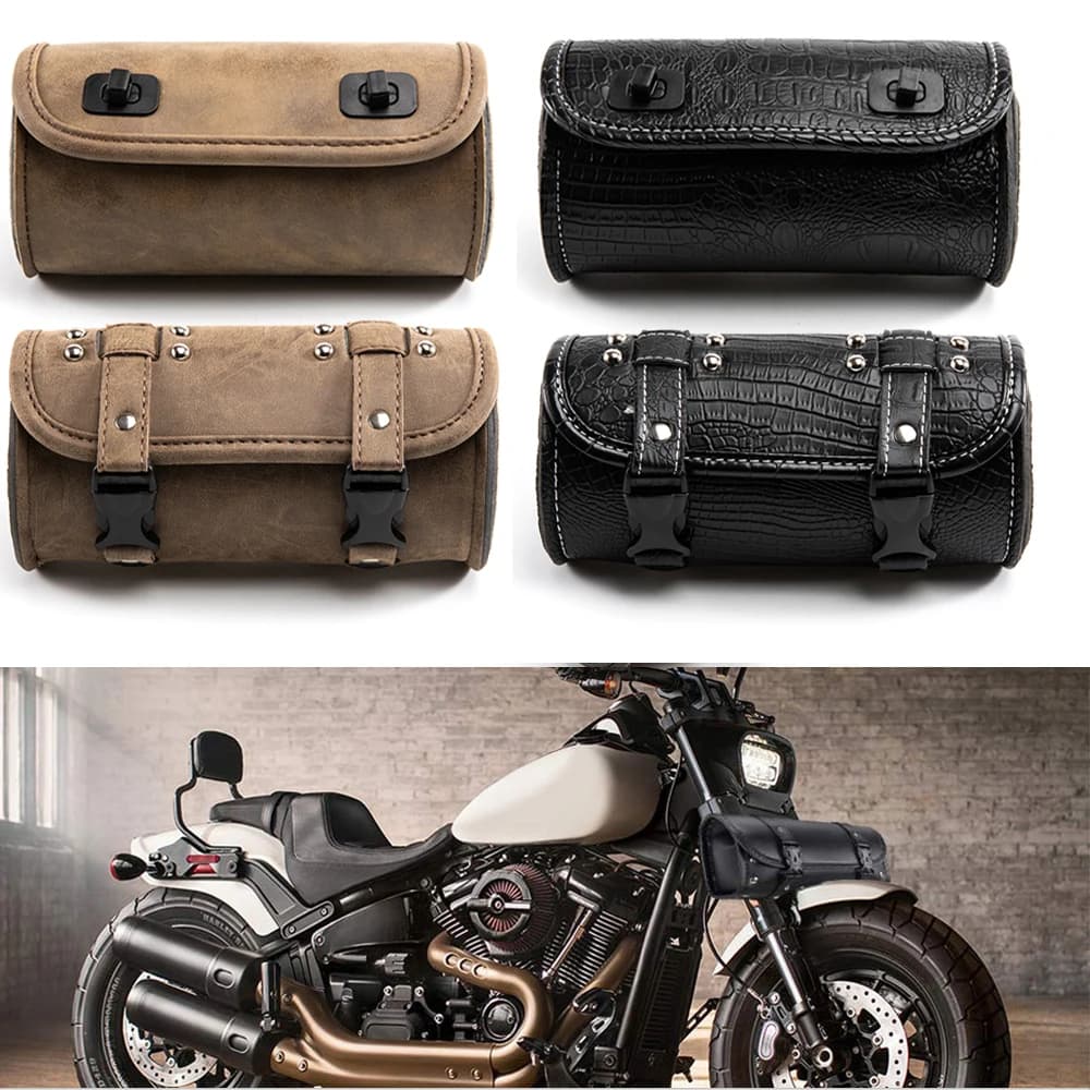 Pour Harley Sportster Chopper Bobber Cruiser Dyna Softail, sacoches de selle en cuir, sacs de bagages en PU, sacoche à outils pour fourche avant.