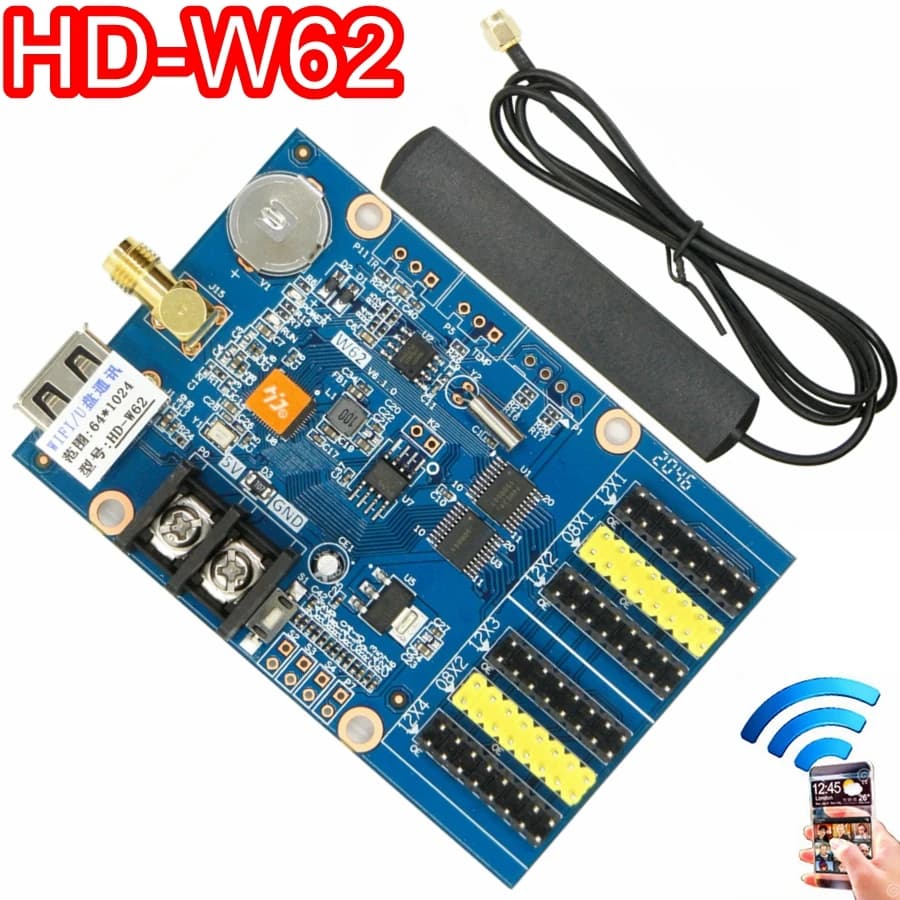 Carte de contrôle LED HD-W62 WIFI / U-disk, 1024x64 Pixels, contrôleur LED asynchrone sans fil pour affichage P10, panneau de message défilant