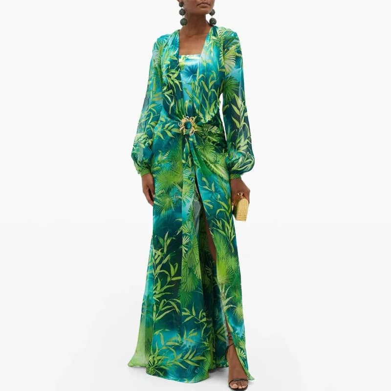 Robe longue imprimée verte, décolleté en v profond, bijoux, boucle, robe de Banquet, été, Impreso Saten, florale, formelle, fête de mariée, plage