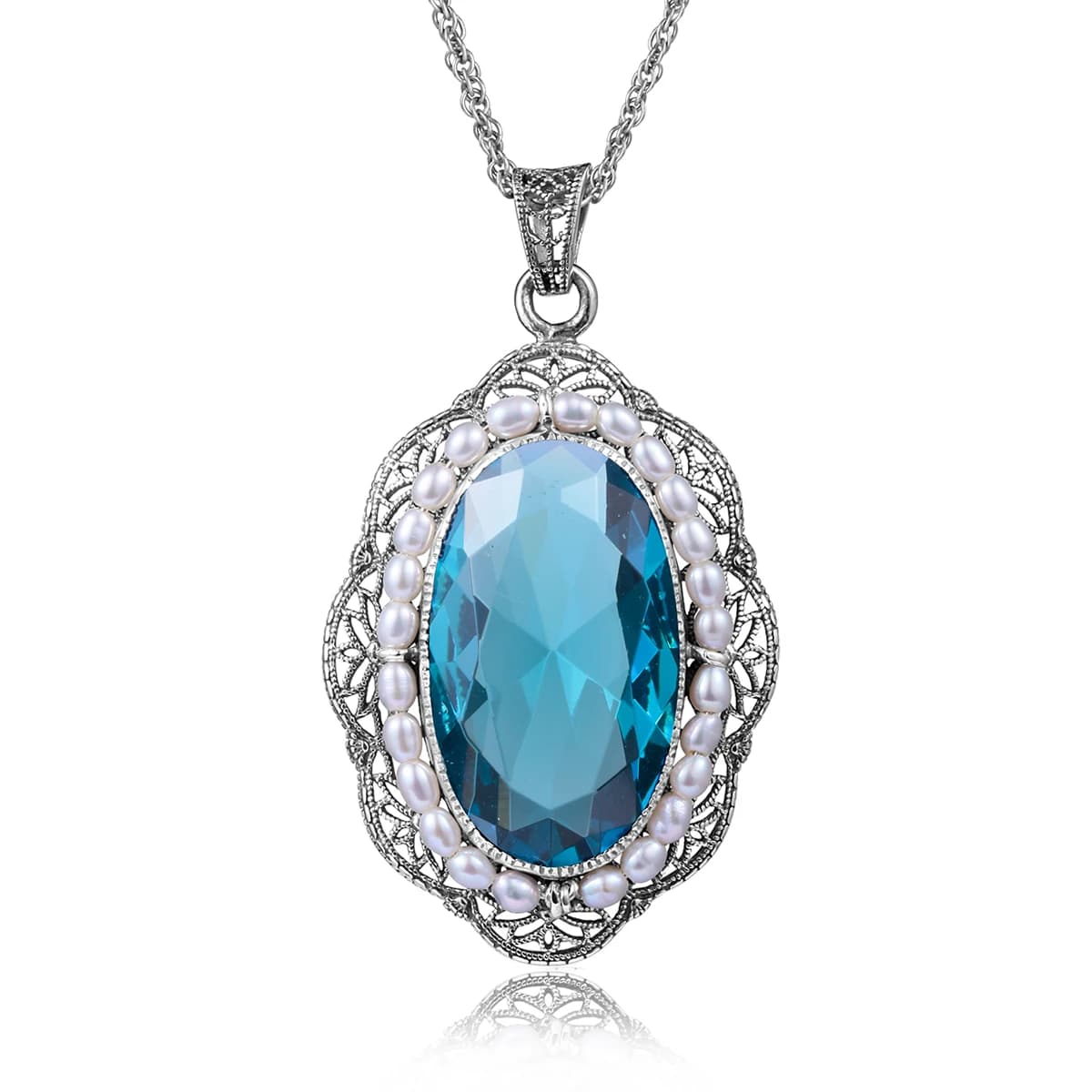 Szjinao – collier avec pendentif en argent 925 pour femmes, perle d'eau douce, aigue-marine, fleur ovale, bijoux en pierre