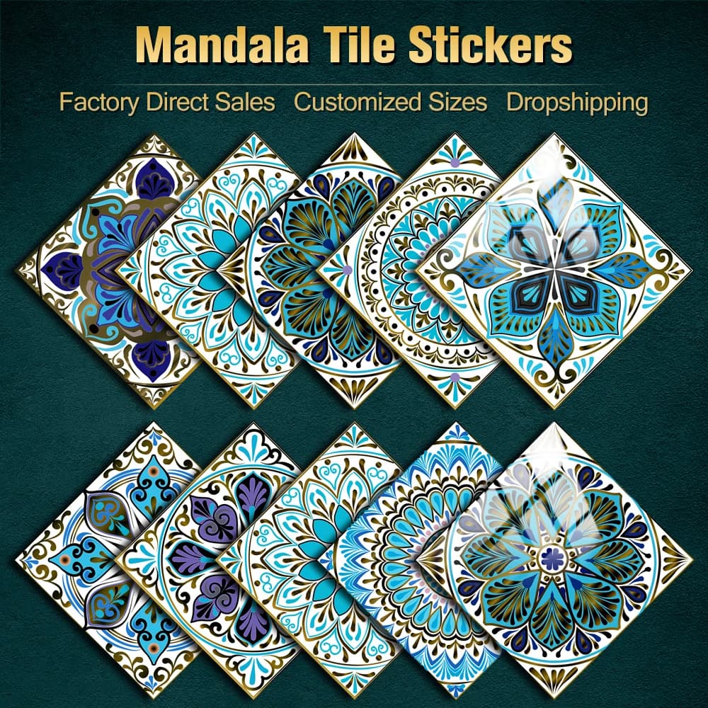Autocollant de carrelage de Style Mandala coloré, 10/15/20/30cm, pour cuisine/salle de bain, garde-robe, Surface brillante, Art Mural, décalcomanies murales à décoller et à coller