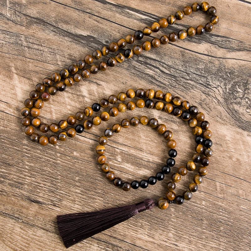 Collier en œil de tigre jaune naturel de 8 mm, onyx noir, bijoux de méditation et de yoga, bracelet à 108 perles Japa Mala, ensembles pour hommes et femmes