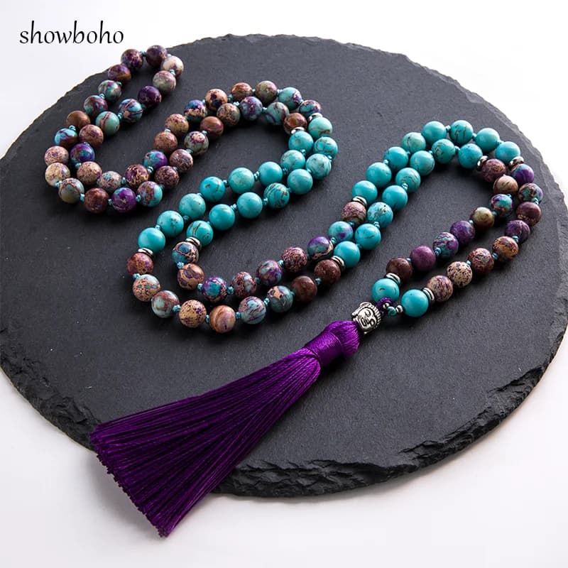 8mm naturel Turquoise Violet jaspe impérial perlé noué 108 Japamala collier méditation Yoga tibétain bouddha tête bijoux