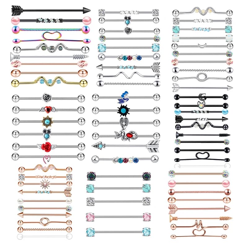 Ensemble de Piercing Industriel en Acier Inoxydable en Forme de Cœur, Flèche, Barbell, Lot, Clip, Barre, Boucle d'Oreille en Vrac