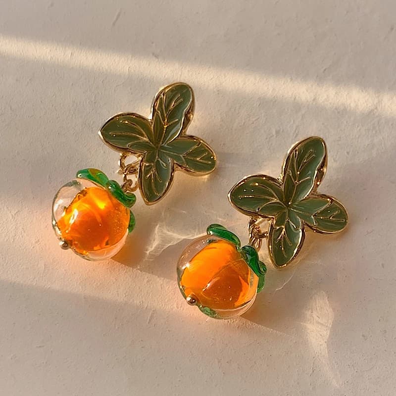 Boucles d'oreilles créatives en forme de kaki et de feuille de fleur pour femmes, couleur Orange, peinture à l'huile, verre émaillé, accessoires de bijoux