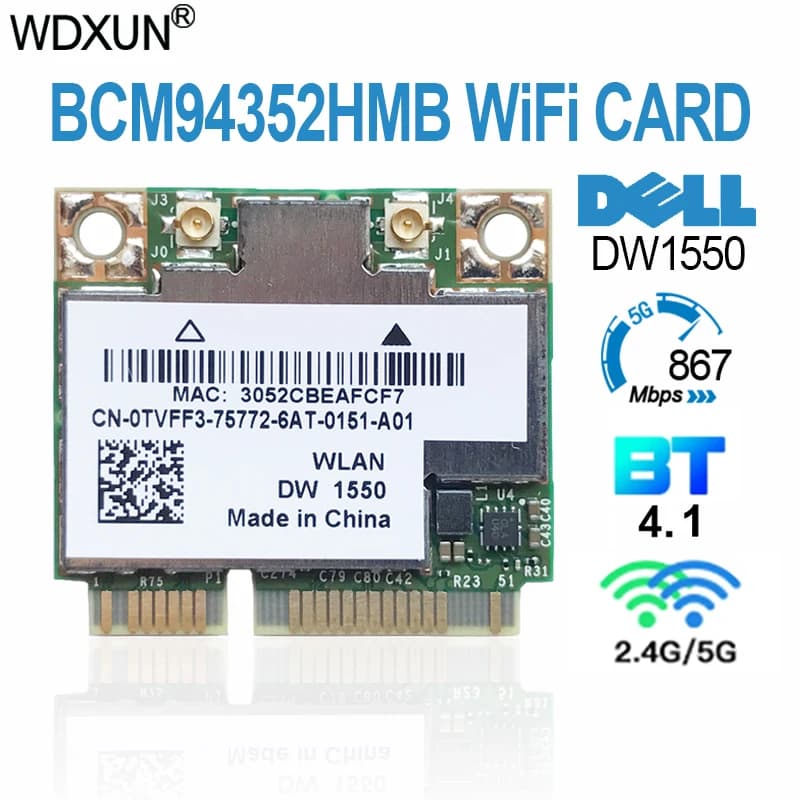 Broadcom-Carte WiFi et Bluetooth 4.0, BCMpayée ity 352HMB DELL DW1550, 867Mbps, WLAN sans fil, AC 867Mbps, Stérilisation 11ac, PCI-E, 2.4GHz, 5GHz
