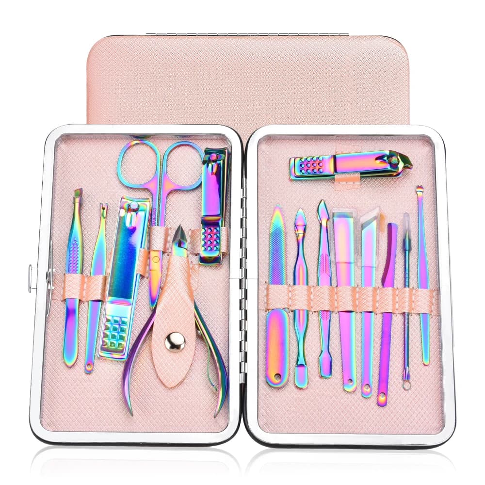 Kit de manucure caméléon arc-en-ciel, 1 ensemble, pince coupe-ongles en acier inoxydable, lime de ponçage, aiguille d'acné, ensembles de toilette des ongles des pieds
