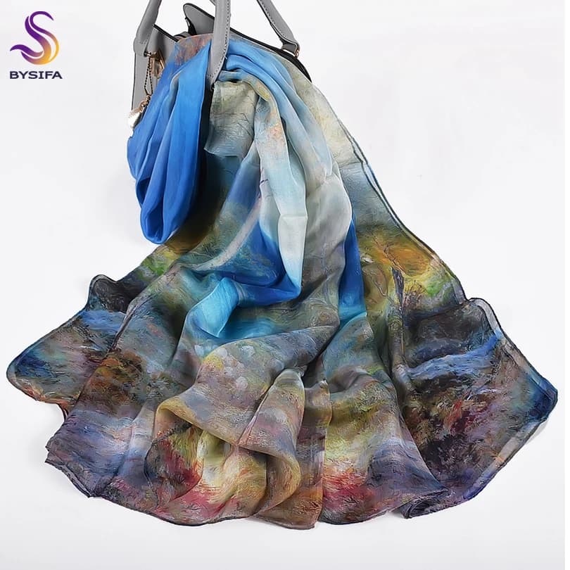 BYSIFA | Bleu 100% soie mousseline de soie écharpe châle nouveau printemps automne berger Design femmes longues écharpes été plage châle hiver foulards