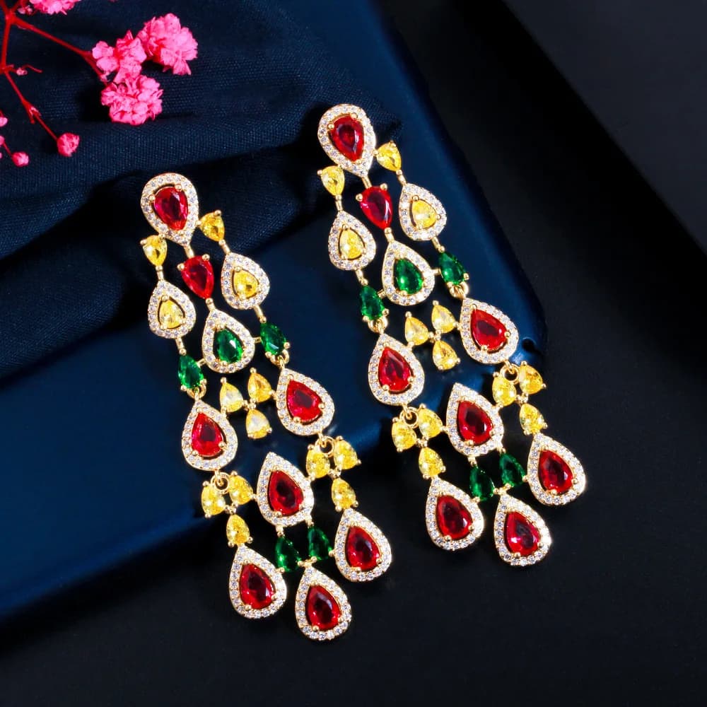 CWWCONS-Boucles d'oreilles pendantes multicolores CZ pour femmes, goutte d'eau, long grand lustre, bijoux de fiançailles et de mariage, CZ847